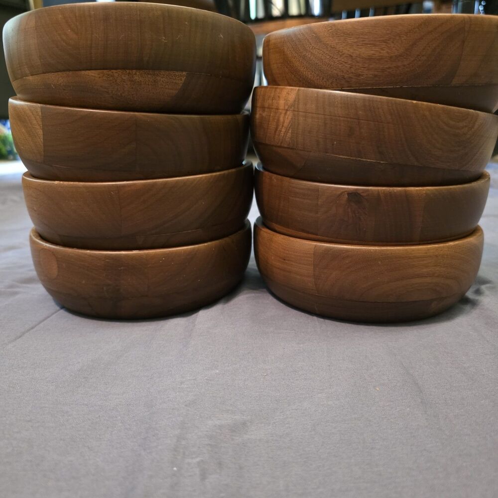 Vintage MCM Kustom Kraft Black Walnut Salad Bowls 6x2 Set of 8 Made in USA
